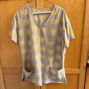 Gray and Yellow Heart Print scrub top.